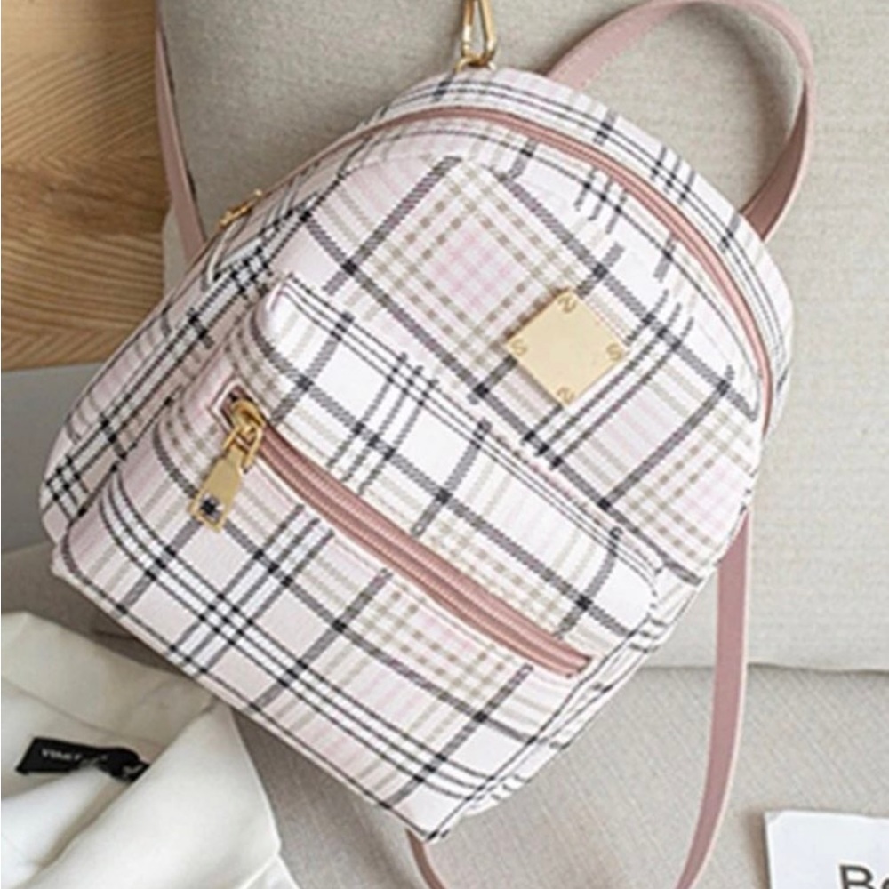 New small plaid pattern zip front crossbody pink. Thick vinyl. B129